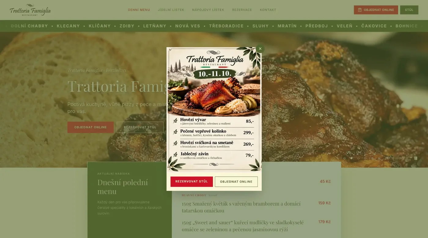Sezonní nabídka Trattoria Famiglia s rezervací stolu a online objednávkou