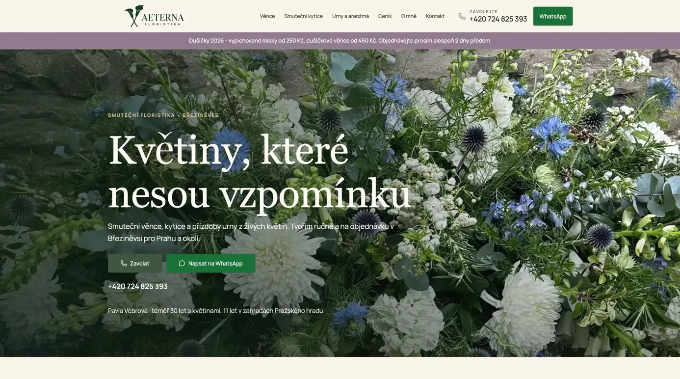 Úvodní stránka Smutečních květů Pavly Vebrové v Březiněvsi s květinami a kontaktem