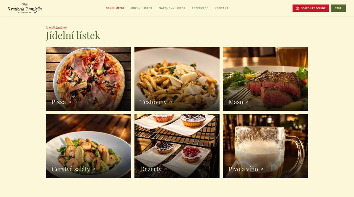 Nový web restaurace Trattoria Famiglia v Březiněvsi: jídelní lístek s fotografiemi jídel